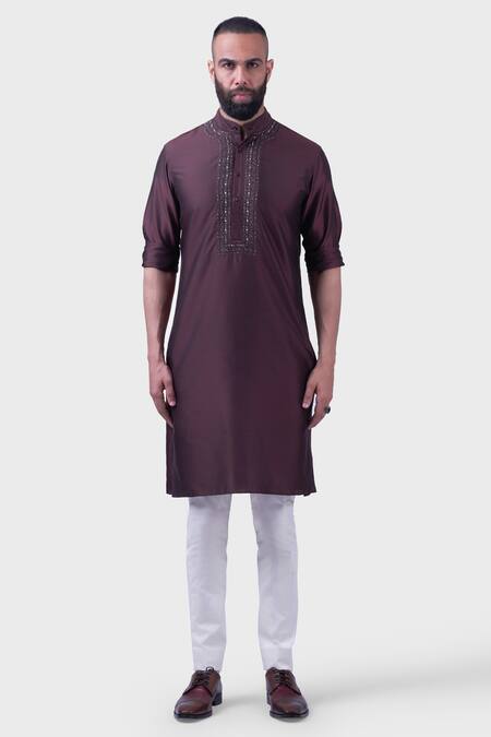 Raghavendra Rathore Jodhpur Brown Silk Embroidery The Cinnamon Straight Kurta Online at Aza Fashions Raghavendra Rathore Jodhpur_Brown Silk Embroidery The Cinnamon Straight Kurta _Online_at_Aza_Fashions