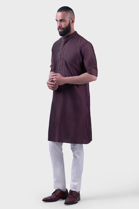 Shop Raghavendra Rathore Jodhpur Brown Silk Embroidery The Cinnamon Straight Kurta Online at Aza Fashions Shop_Raghavendra Rathore Jodhpur_Brown Silk Embroidery The Cinnamon Straight Kurta _Online_at_Aza_Fashions
