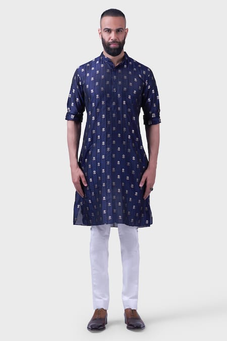 Raghavendra Rathore Jodhpur Blue Silk Embroidery The Midnight Pintucked Kurta 