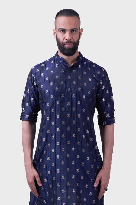 Raghavendra Rathore Jodhpur Blue Silk Embroidery The Midnight Pintucked Kurta Online at Aza Fashions Raghavendra Rathore Jodhpur_Blue Silk Embroidery The Midnight Pintucked Kurta _Online_at_Aza_Fashions