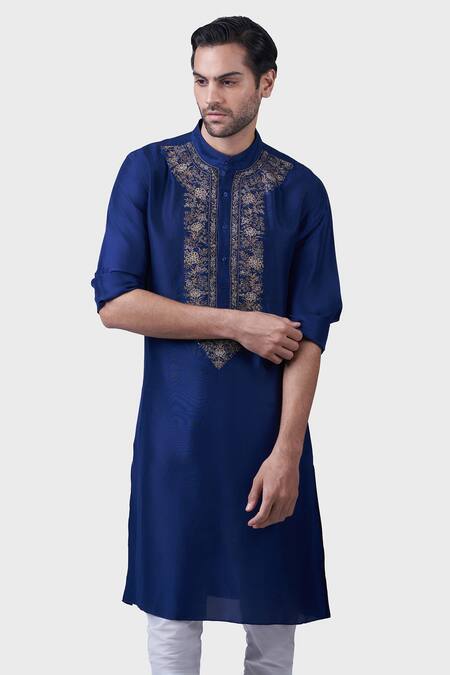 Shop Raghavendra Rathore Jodhpur Blue Silk Embroidery The Bageecha Placket Kurta Online at Aza Fashions Shop_Raghavendra Rathore Jodhpur_Blue Silk Embroidery The Bageecha Placket Kurta _Online_at_Aza_Fashions
