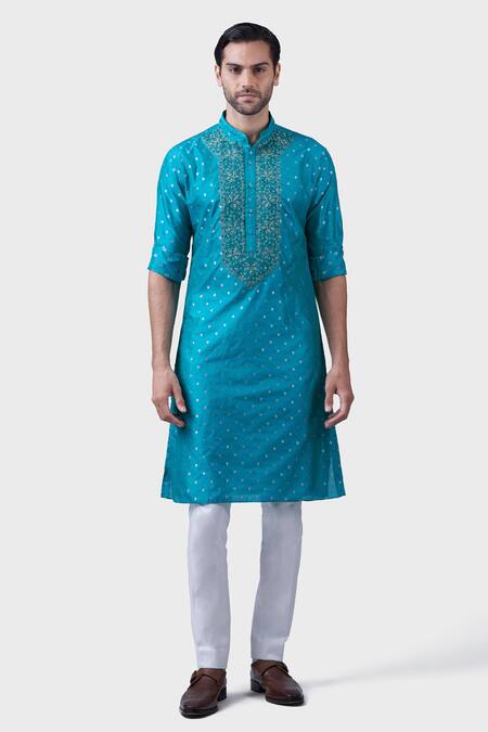 Raghavendra Rathore Jodhpur Blue Silk Embroidery The Flora Jacquard Pattern Kurta 