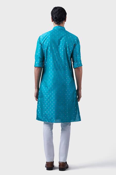 Shop Raghavendra Rathore Jodhpur Blue Silk Embroidery The Flora Jacquard Pattern Kurta at Aza Fashions Shop_Raghavendra Rathore Jodhpur_Blue Silk Embroidery The Flora Jacquard Pattern Kurta _at_Aza_Fashions