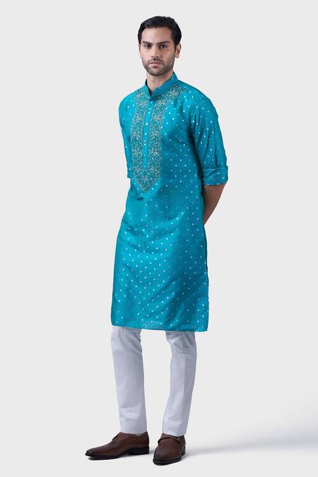 Raghavendra Rathore Jodhpur Blue Silk Embroidery The Flora Jacquard Pattern Kurta Online at Aza Fashions Raghavendra Rathore Jodhpur_Blue Silk Embroidery The Flora Jacquard Pattern Kurta _Online_at_Aza_Fashions