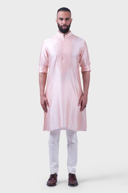 Raghavendra Rathore Jodhpur Peach Silk Embroidery The Rose Placket Kurta Online at Aza Fashions Raghavendra Rathore Jodhpur_Peach Silk Embroidery The Rose Placket Kurta _Online_at_Aza_Fashions