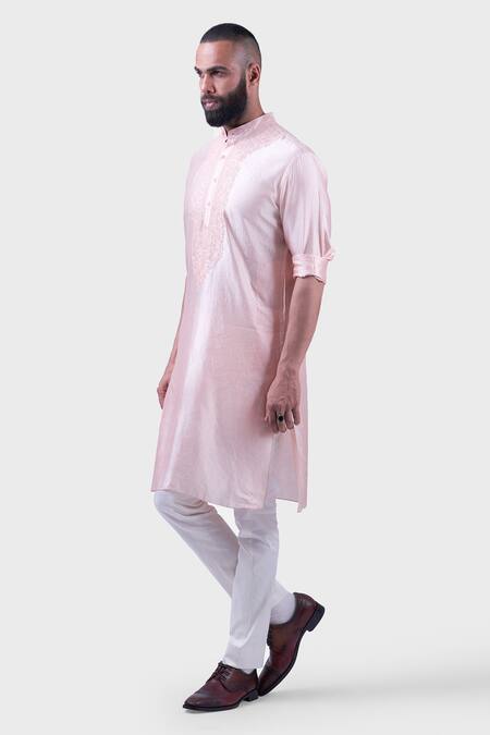 Shop Raghavendra Rathore Jodhpur Peach Silk Embroidery The Rose Placket Kurta Online at Aza Fashions Shop_Raghavendra Rathore Jodhpur_Peach Silk Embroidery The Rose Placket Kurta _Online_at_Aza_Fashions