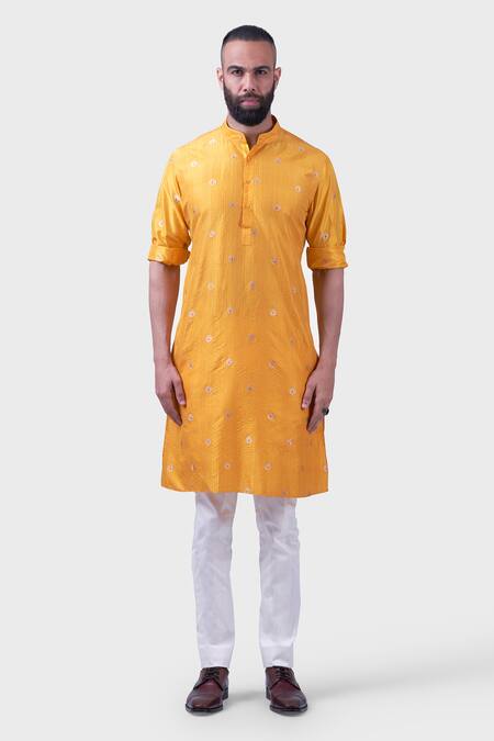 Raghavendra Rathore Jodhpur Yellow Silk Embroidery The Marigold Kurta Online at Aza Fashions Raghavendra Rathore Jodhpur_Yellow Silk Embroidery The Marigold Kurta _Online_at_Aza_Fashions