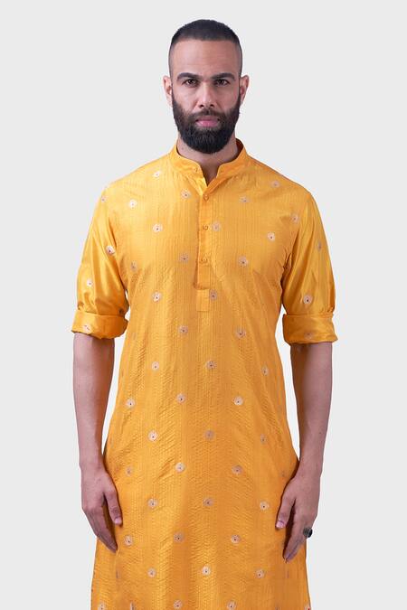 Buy Raghavendra Rathore Jodhpur Yellow Silk Embroidery The Marigold Kurta Online at Aza Fashions Buy_Raghavendra Rathore Jodhpur_Yellow Silk Embroidery The Marigold Kurta _Online_at_Aza_Fashions