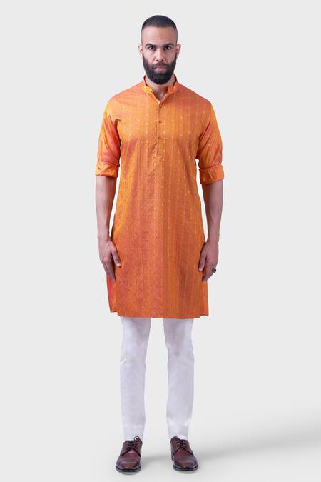 Raghavendra Rathore Jodhpur_Orange Silk Embroidery The Amer Stitch Work Kurta _Online_at_Aza_Fashions