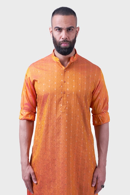 Buy_Raghavendra Rathore Jodhpur_Orange Silk Embroidery The Amer Stitch Work Kurta _Online_at_Aza_Fashions
