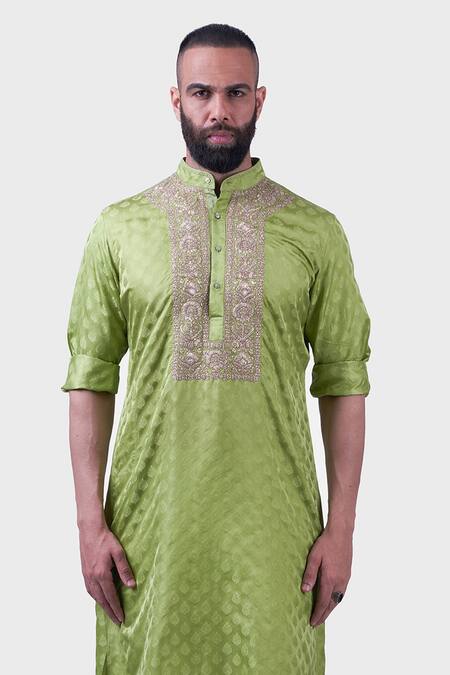Raghavendra Rathore Jodhpur Green Silk Zari, Embroidery The Bikaner Tonal Floral Kurta Online at Aza Fashions Raghavendra Rathore Jodhpur_Green Silk Zari, Embroidery The Bikaner Tonal Floral Kurta _Online_at_Aza_Fashions