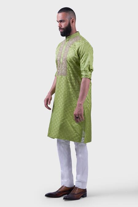Buy Raghavendra Rathore Jodhpur Green Silk Zari, Embroidery The Bikaner Tonal Floral Kurta Online at Aza Fashions Buy_Raghavendra Rathore Jodhpur_Green Silk Zari, Embroidery The Bikaner Tonal Floral Kurta _Online_at_Aza_Fashions