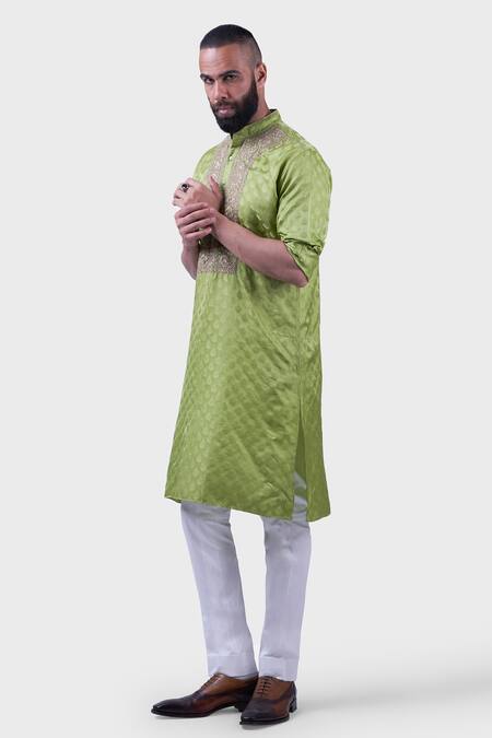 Shop Raghavendra Rathore Jodhpur Green Silk Zari, Embroidery The Bikaner Tonal Floral Kurta Online at Aza Fashions Shop_Raghavendra Rathore Jodhpur_Green Silk Zari, Embroidery The Bikaner Tonal Floral Kurta _Online_at_Aza_Fashions
