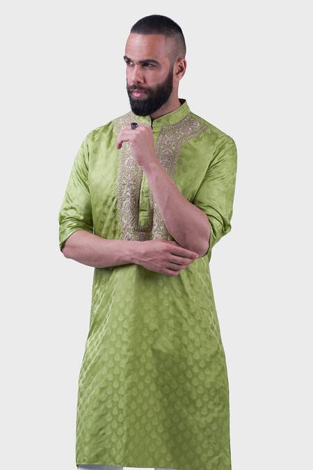 Raghavendra Rathore Jodhpur Green Silk Zari, Embroidery The Bikaner Tonal Floral Kurta at Aza Fashions Raghavendra Rathore Jodhpur_Green Silk Zari, Embroidery The Bikaner Tonal Floral Kurta _at_Aza_Fashions