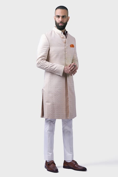 Raghavendra Rathore Jodhpur Gold Silk Embroidery Bloom Butti Achkan 