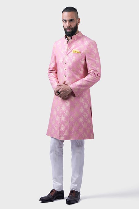 Raghavendra Rathore Jodhpur Pink Silk Embroidery Gilded Rose Woven Achkan 