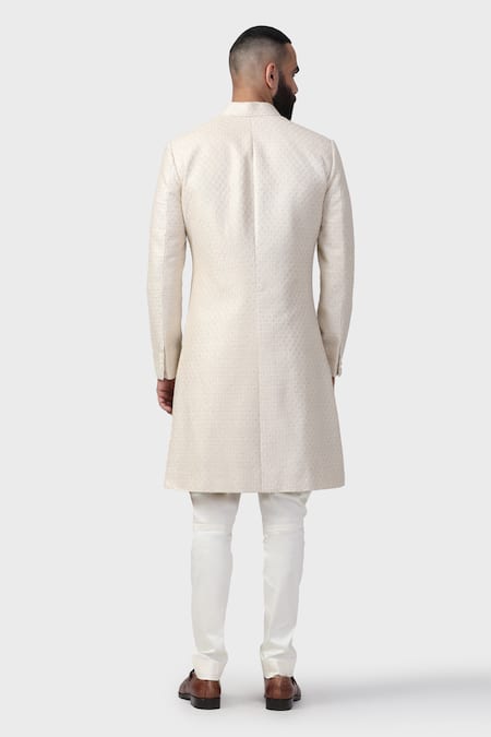 Shop_Raghavendra Rathore Jodhpur_Off White Silk Embroidery Inheritance Motif Jaal Achkan _at_Aza_Fashions