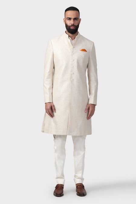 Raghavendra Rathore Jodhpur_Off White Silk Embroidery Inheritance Motif Jaal Achkan _Online_at_Aza_Fashions