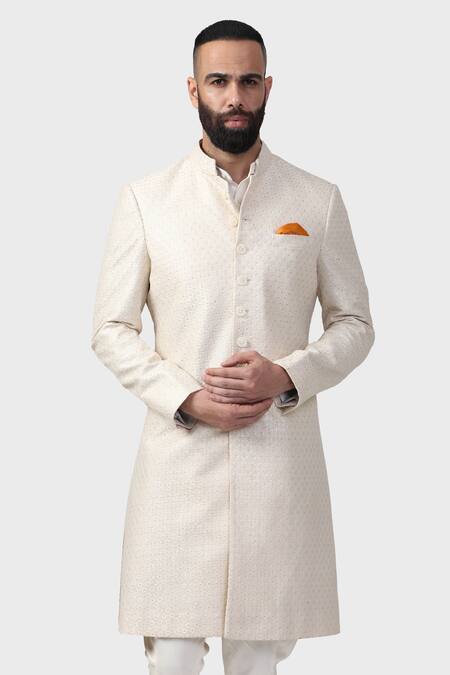 Buy_Raghavendra Rathore Jodhpur_Off White Silk Embroidery Inheritance Motif Jaal Achkan _Online_at_Aza_Fashions