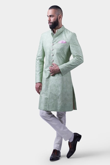 Raghavendra Rathore Jodhpur Green Silk Embroidery, Sequins Bharatpur Swirl Achkan 