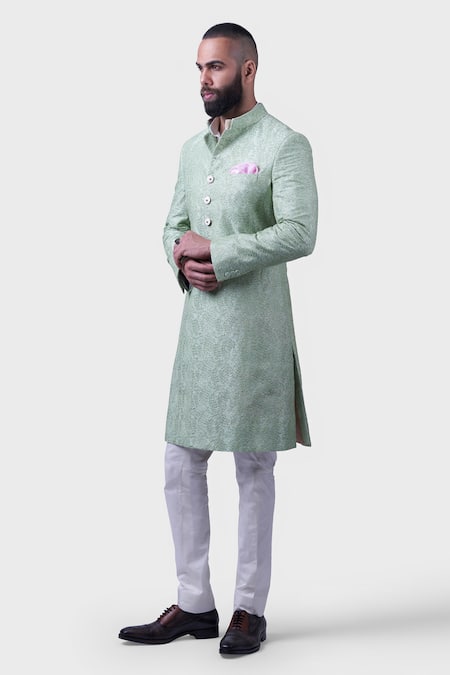 Shop Raghavendra Rathore Jodhpur Green Silk Embroidery, Sequins Bharatpur Swirl Achkan at Aza Fashions Shop_Raghavendra Rathore Jodhpur_Green Silk Embroidery, Sequins Bharatpur Swirl Achkan _at_Aza_Fashions