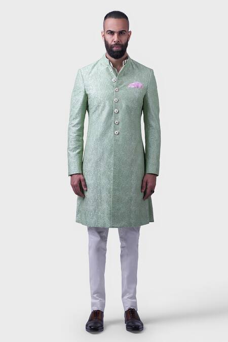 Raghavendra Rathore Jodhpur Green Silk Embroidery, Sequins Bharatpur Swirl Achkan Online at Aza Fashions Raghavendra Rathore Jodhpur_Green Silk Embroidery, Sequins Bharatpur Swirl Achkan _Online_at_Aza_Fashions
