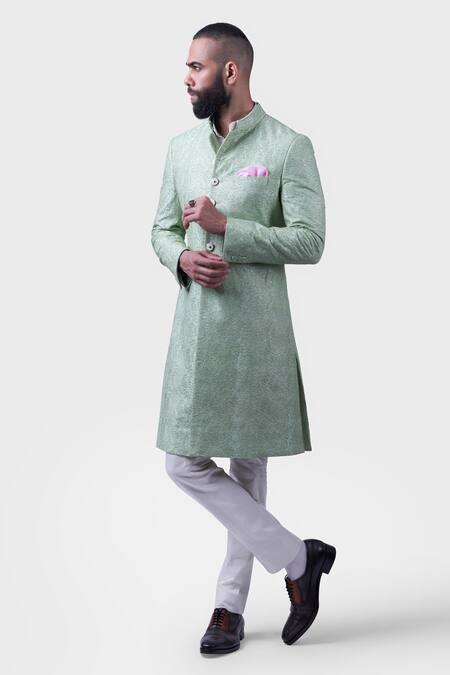 Shop Raghavendra Rathore Jodhpur Green Silk Embroidery, Sequins Bharatpur Swirl Achkan Online at Aza Fashions Shop_Raghavendra Rathore Jodhpur_Green Silk Embroidery, Sequins Bharatpur Swirl Achkan _Online_at_Aza_Fashions