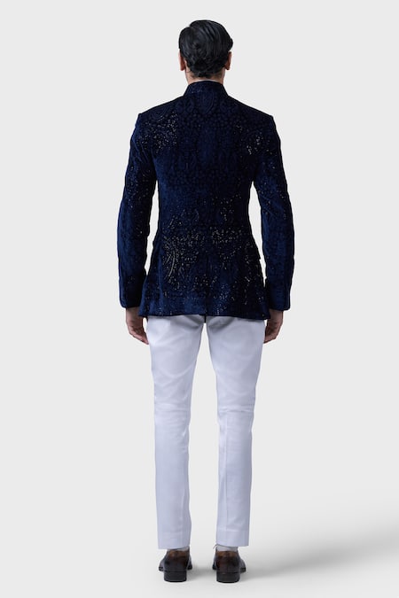 Shop Raghavendra Rathore Jodhpur Blue Silk Sequins Imperial Paisley Bloom Embroidered Bandhgala at Aza Fashions Shop_Raghavendra Rathore Jodhpur_Blue Silk Sequins Imperial Paisley Bloom Embroidered Bandhgala _at_Aza_Fashions