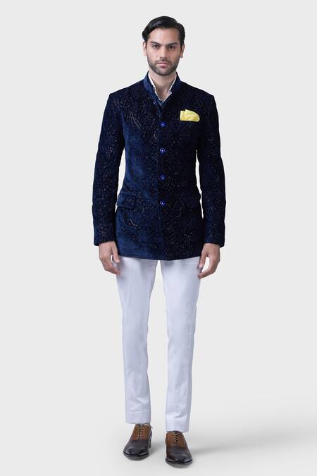 Raghavendra Rathore Jodhpur Blue Silk Sequins Imperial Paisley Bloom Embroidered Bandhgala Online at Aza Fashions Raghavendra Rathore Jodhpur_Blue Silk Sequins Imperial Paisley Bloom Embroidered Bandhgala _Online_at_Aza_Fashions