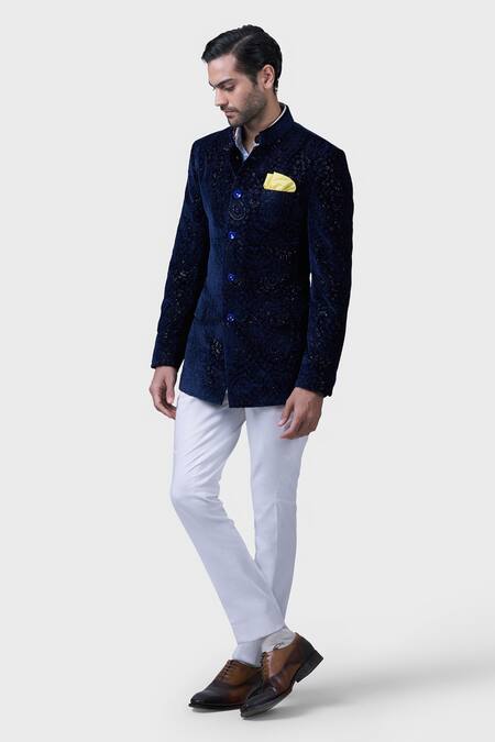 Shop Raghavendra Rathore Jodhpur Blue Silk Sequins Imperial Paisley Bloom Embroidered Bandhgala Online at Aza Fashions Shop_Raghavendra Rathore Jodhpur_Blue Silk Sequins Imperial Paisley Bloom Embroidered Bandhgala _Online_at_Aza_Fashions