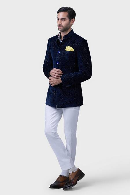 Raghavendra Rathore Jodhpur Blue Silk Sequins Imperial Paisley Bloom Embroidered Bandhgala at Aza Fashions Raghavendra Rathore Jodhpur_Blue Silk Sequins Imperial Paisley Bloom Embroidered Bandhgala _at_Aza_Fashions