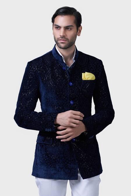 Buy Raghavendra Rathore Jodhpur Blue Silk Sequins Imperial Paisley Bloom Embroidered Bandhgala Buy_Raghavendra Rathore Jodhpur_Blue Silk Sequins Imperial Paisley Bloom Embroidered Bandhgala