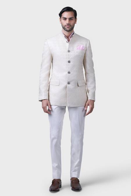 Raghavendra Rathore Jodhpur_Cream Silk Embroidery Shahi Bloom Crest Bandhgala _Online_at_Aza_Fashions