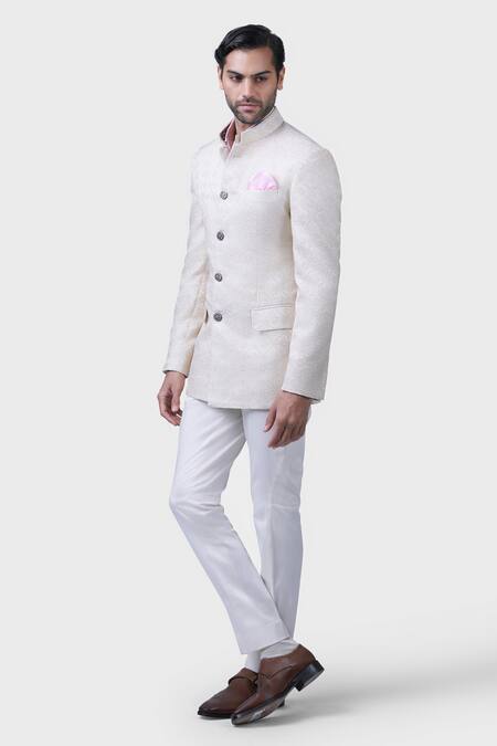 Buy_Raghavendra Rathore Jodhpur_Cream Silk Embroidery Shahi Bloom Crest Bandhgala _Online_at_Aza_Fashions