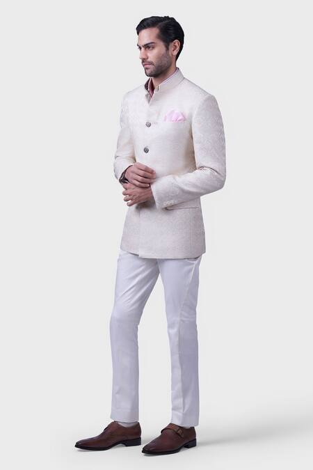 Shop_Raghavendra Rathore Jodhpur_Cream Silk Embroidery Shahi Bloom Crest Bandhgala _Online_at_Aza_Fashions