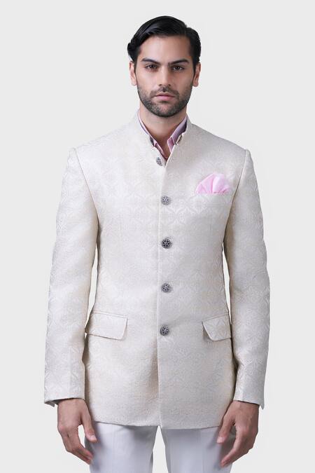 Raghavendra Rathore Jodhpur_Cream Silk Embroidery Shahi Bloom Crest Bandhgala _at_Aza_Fashions