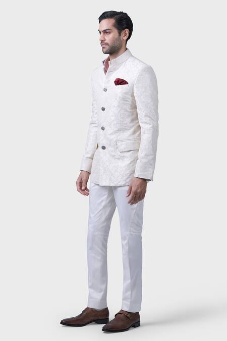 Raghavendra Rathore Jodhpur_Off White Silk Embroidery Flowery Bandhgala_Online_at_Aza_Fashions