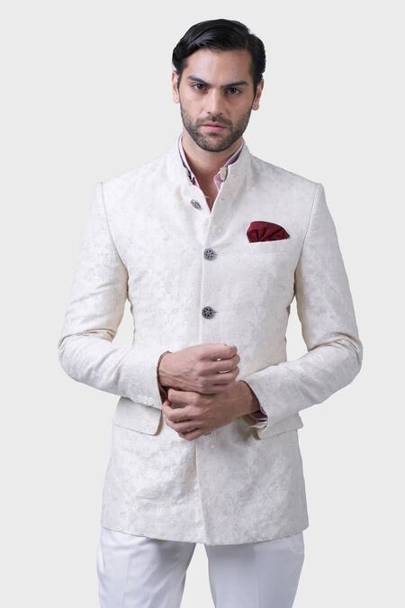 Buy_Raghavendra Rathore Jodhpur_Off White Silk Embroidery Flowery Bandhgala_Online_at_Aza_Fashions