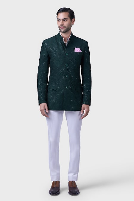 Raghavendra Rathore Jodhpur Green Silk Sequins Tikri Mosaic Embroidered Bandhgala 