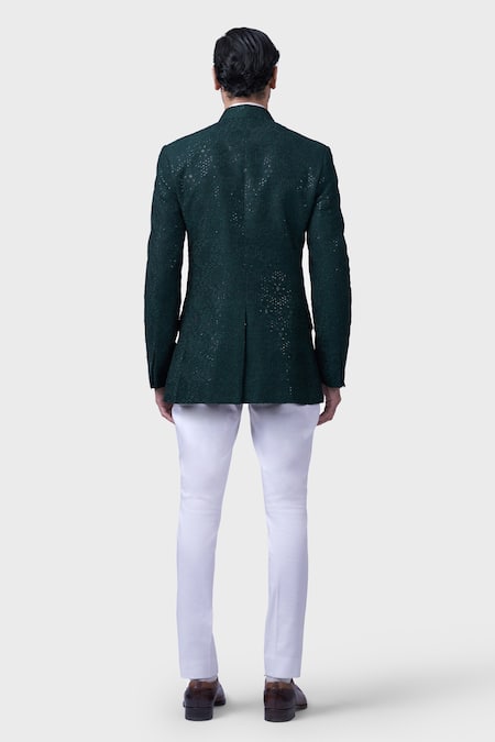 Shop Raghavendra Rathore Jodhpur Green Silk Sequins Tikri Mosaic Embroidered Bandhgala at Aza Fashions Shop_Raghavendra Rathore Jodhpur_Green Silk Sequins Tikri Mosaic Embroidered Bandhgala _at_Aza_Fashions