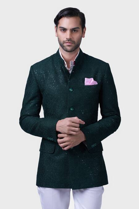 Raghavendra Rathore Jodhpur Green Silk Sequins Tikri Mosaic Embroidered Bandhgala at Aza Fashions Raghavendra Rathore Jodhpur_Green Silk Sequins Tikri Mosaic Embroidered Bandhgala _at_Aza_Fashions