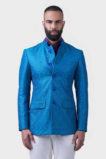 Raghavendra Rathore Jodhpur_Blue Silk Sequins, Embroidery Fort Diamond Hive Bandhgala _Online_at_Aza_Fashions