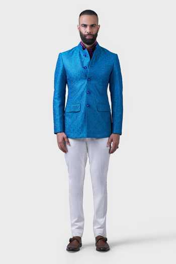 Buy_Raghavendra Rathore Jodhpur_Blue Silk Sequins, Embroidery Fort Diamond Hive Bandhgala _Online_at_Aza_Fashions
