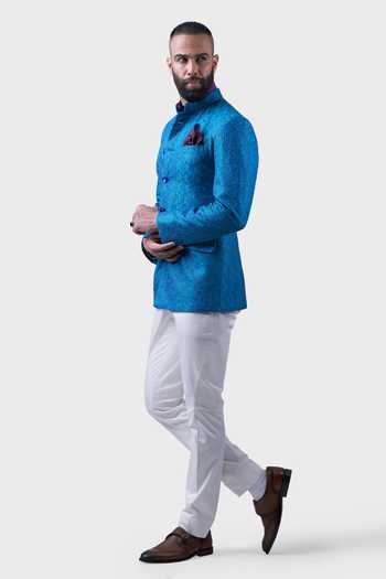Shop_Raghavendra Rathore Jodhpur_Blue Silk Sequins, Embroidery Fort Diamond Hive Bandhgala _Online_at_Aza_Fashions