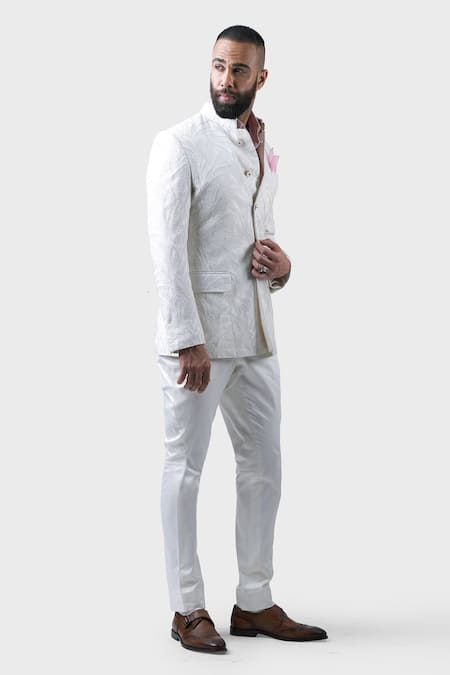 Raghavendra Rathore Jodhpur_White Silk Sequins Spring Leaf Embroidered Bandhgala _Online_at_Aza_Fashions