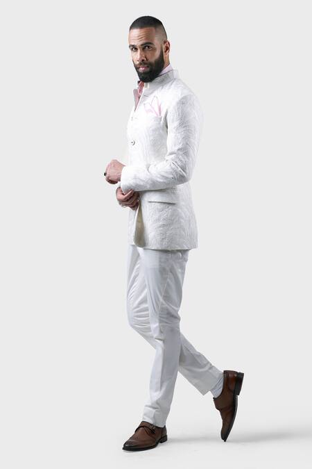 Buy_Raghavendra Rathore Jodhpur_White Silk Sequins Spring Leaf Embroidered Bandhgala _Online_at_Aza_Fashions