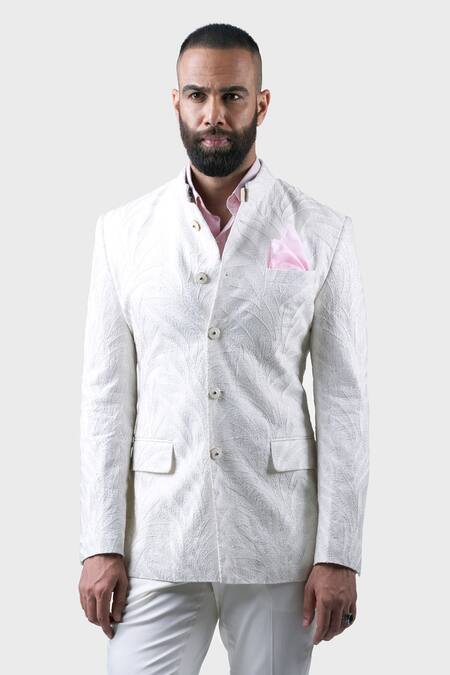 Shop_Raghavendra Rathore Jodhpur_White Silk Sequins Spring Leaf Embroidered Bandhgala _Online_at_Aza_Fashions