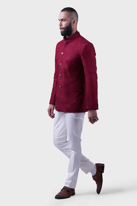 Raghavendra Rathore Jodhpur Maroon Cotton Fern Embroidery Textured Bandhgala 