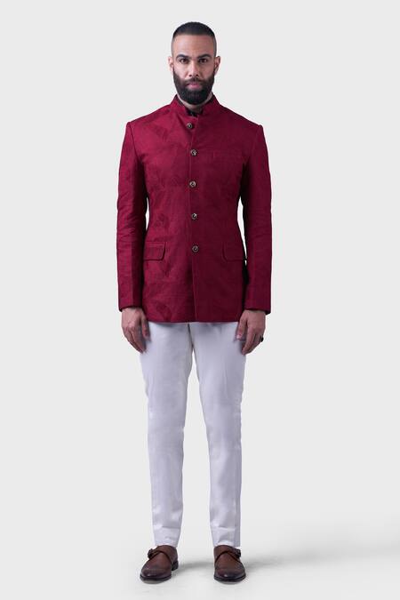 Raghavendra Rathore Jodhpur_Maroon Cotton Embroidery Textured Fern Bandhgala _Online_at_Aza_Fashions