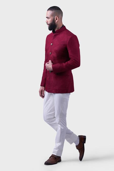 Buy_Raghavendra Rathore Jodhpur_Maroon Cotton Embroidery Textured Fern Bandhgala _Online_at_Aza_Fashions